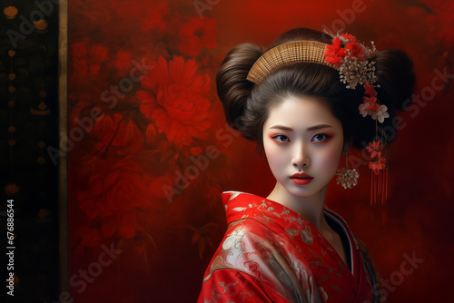 Portrait of a young Japanese woman in a traditional kimono costume