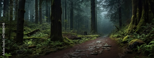 Trail in the forest with sunrays nature concept photo