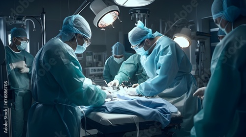 Doctors in blue coats around a patient during an operation in the operating room, Medicine, hospital, clinic