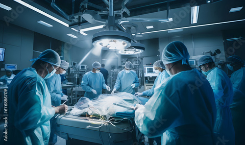 Doctors in blue coats around a patient during an operation in the operating room, Medicine, hospital, clinic