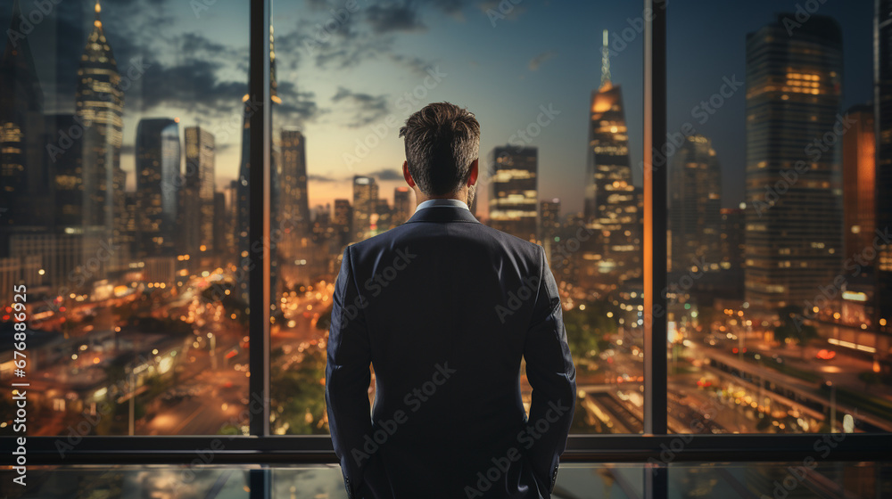 Back view of businessman standing over windows background.