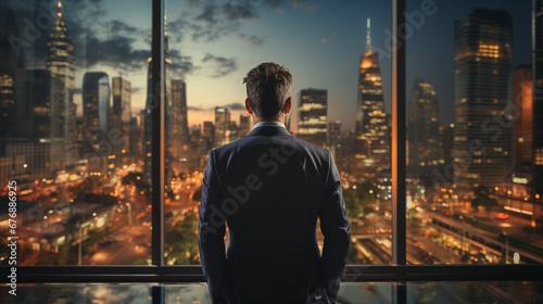Back view of businessman standing over windows background.