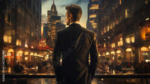 Back view of businessman standing over windows background.