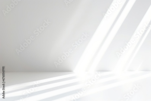 Abstract white studio background for product presentation. Empty room with shadows of leaves. Display product with blurred backdrop  Generative AI