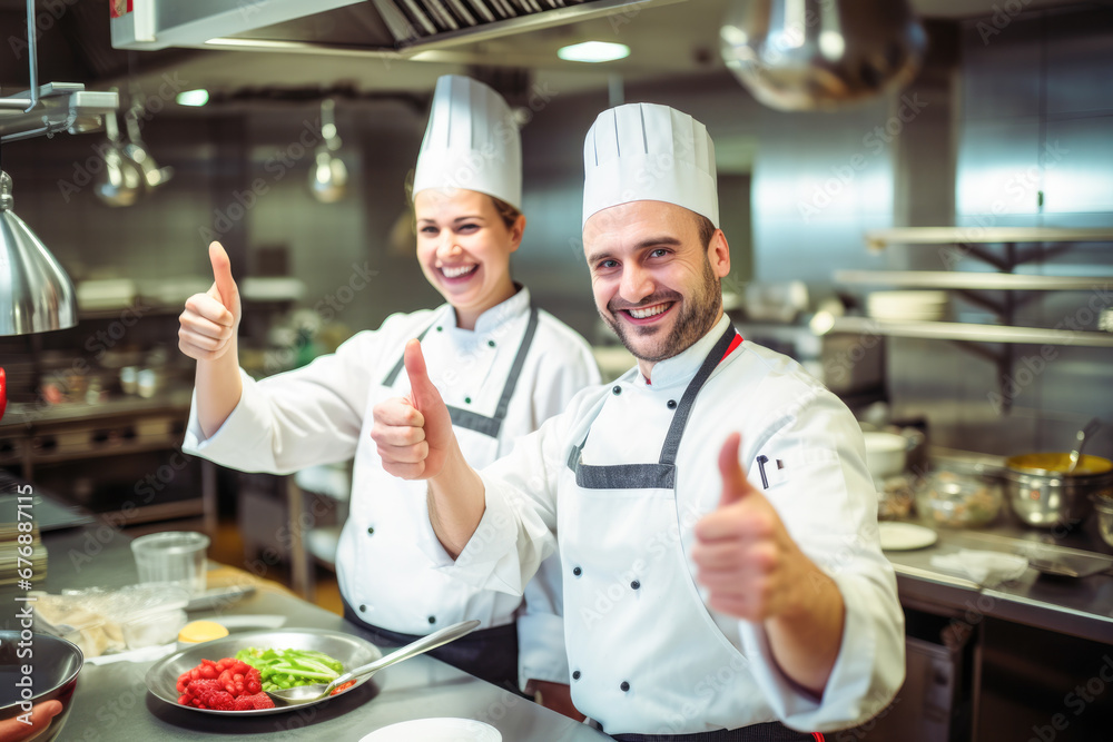 Pair of chefs giving thumbs up while serving food in restaurant.