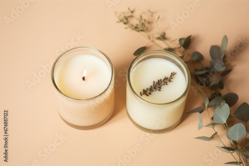 Two candmade candles from paraffin and soy wax in glass with wooden wick and dry herbal isolated on pastel beige background. Flat lay, top view, copy, Generative AI