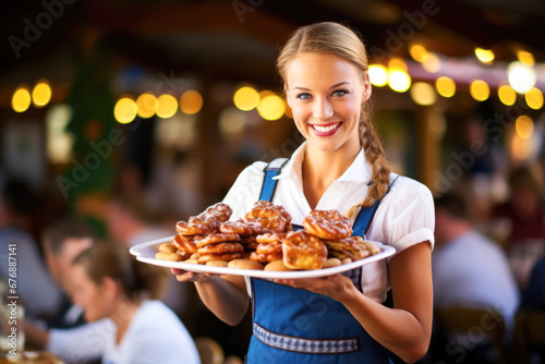 Oktoberfest female hostess holding platter of pastries.