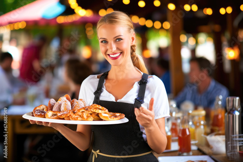 Oktoberfest female hostess holding platter of pastries.