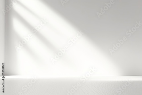 Abstract white studio background for product presentation. Empty room with shadows of window. Display product with blurred backdrop, Generative AI photo