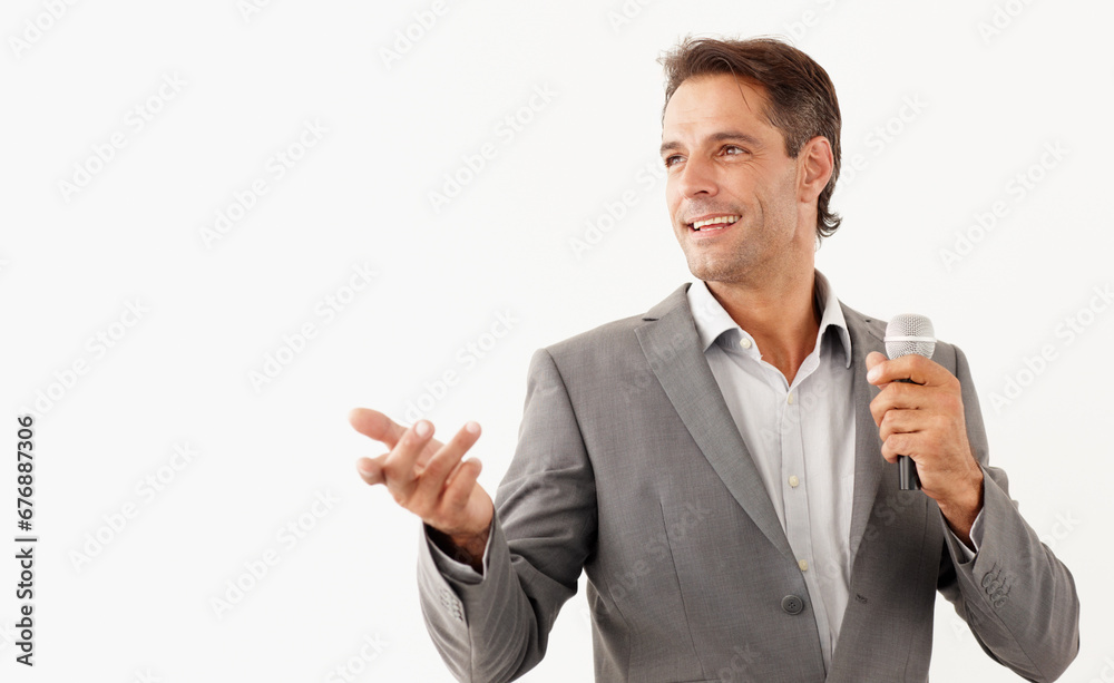 Man, microphone and smile in speech, studio and motivational or public speaker, tv and white background. Happy mature person, broadcast and feedback or voice, anchor and media or influencer in mockup Man, microphone and smile in speech, studio and motivational or public speaker, tv and white background. Happy mature person, broadcast and feedback or voice, anchor and media or influencer in mockup