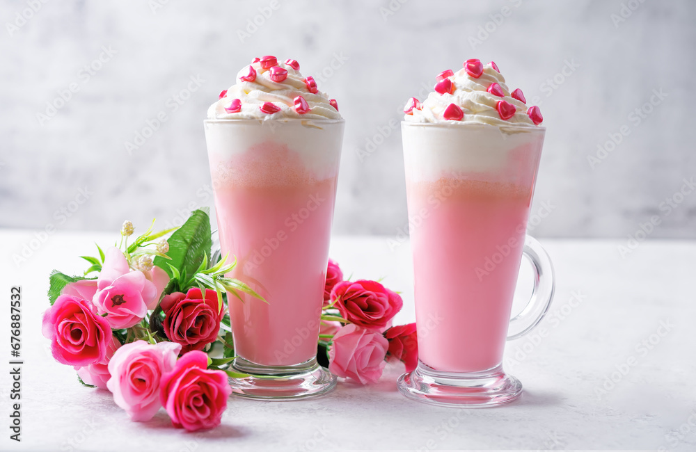 Hot white chocolate cocktail for Valentine's day holidays on a white isolated background