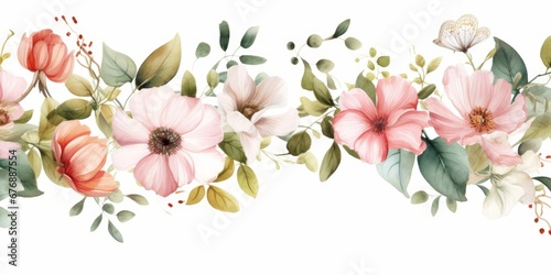 Bouquet border - green leaves and blush pink flowers on white background. Watercolor hand painted seamless border. Floral illustration. Foliage  Generative AI