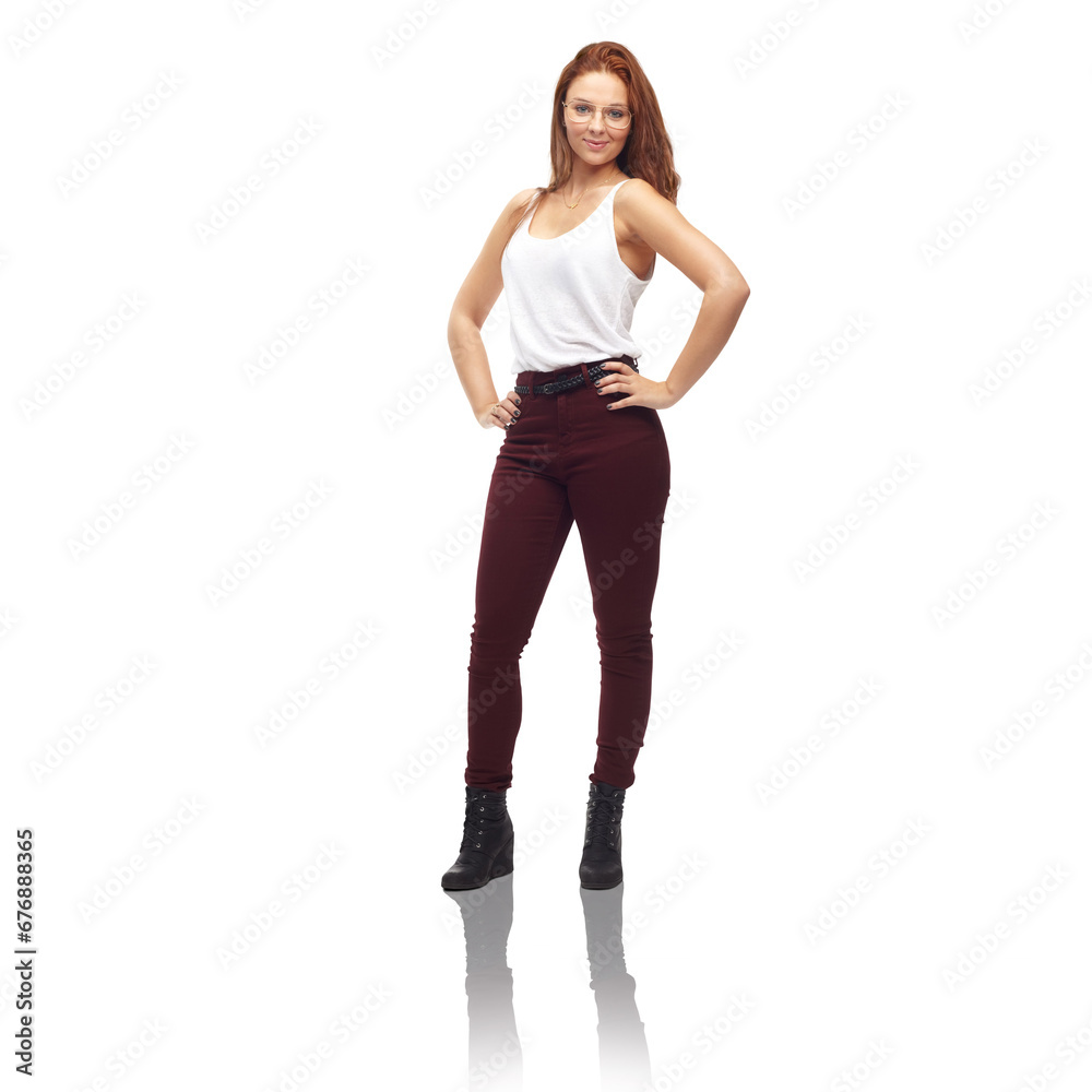 Woman, portrait and glasses in studio with smile for fashion, trendy outfit and confidence on white background. Person, face and smile with eyewear, pride and proud expression for career on mock up Woman, portrait and glasses in studio with smile for fashion, trendy outfit and confidence on white background. Person, face and smile with eyewear, pride and proud expression for career on mock up