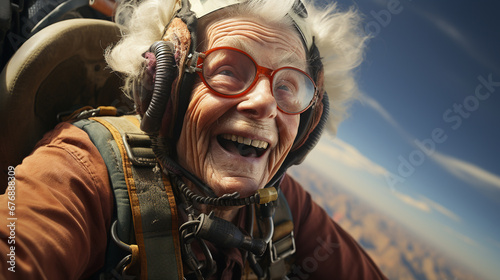 Elderly human skydiving.