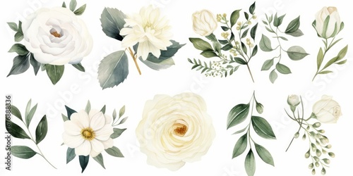 Watercolour floral illustration set. White flowers, green leaves individual elements collection. Rose, peony, eucalyptus, chamomile. invitations, anniversary, birthday, prints, Generative AI