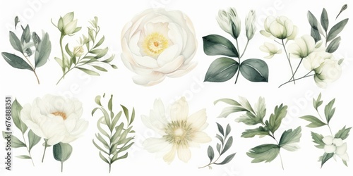 Watercolour floral illustration set. White flowers  green leaves individual elements collection. Rose  peony  eucalyptus  chamomile. invitations  anniversary  birthday  prints  Generative AI