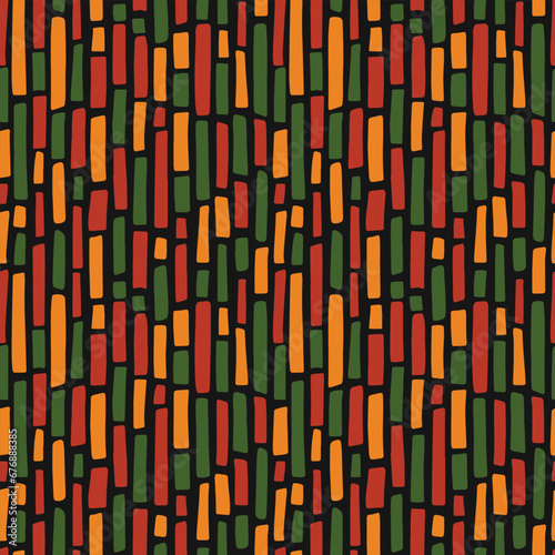 Abstract Kwanzaa, Black History Month, Juneteenth seamless pattern with hand drawn vertical lines in traditional African colors - black, red, yellow, green. Vector tribal ethnic background design.