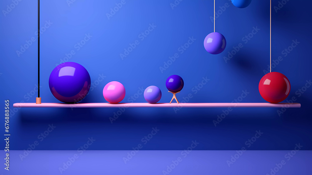 a group of different colored balls and a stick on a shelf in a room with a blue wall and a purple background a group of different colored balls and a stick on a shelf in a room with a blue wall and a purple background
