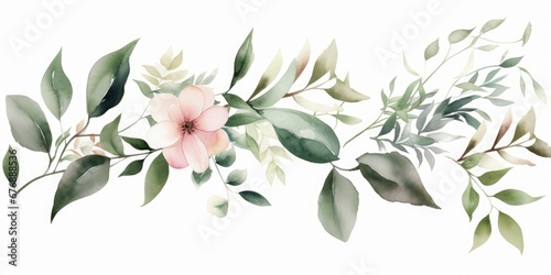Watercolor floral bouquet branches with green pink blush leaves, for wedding invitations, greetings, wallpapers, fashion, prints. Eucalyptus, olive green leaves, Generative AI