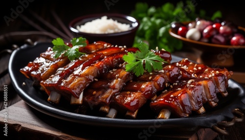 Savory close up of perfectly seasoned barbecue pork ribs, highlighting juicy slices of tender meat