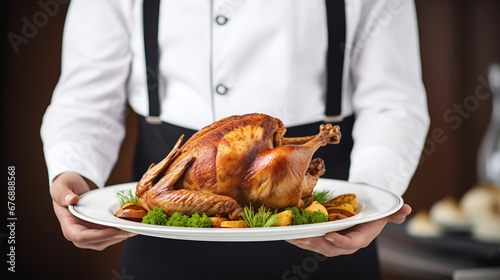 Professional Waiter Presenting Roast Turkey on White Backdrop