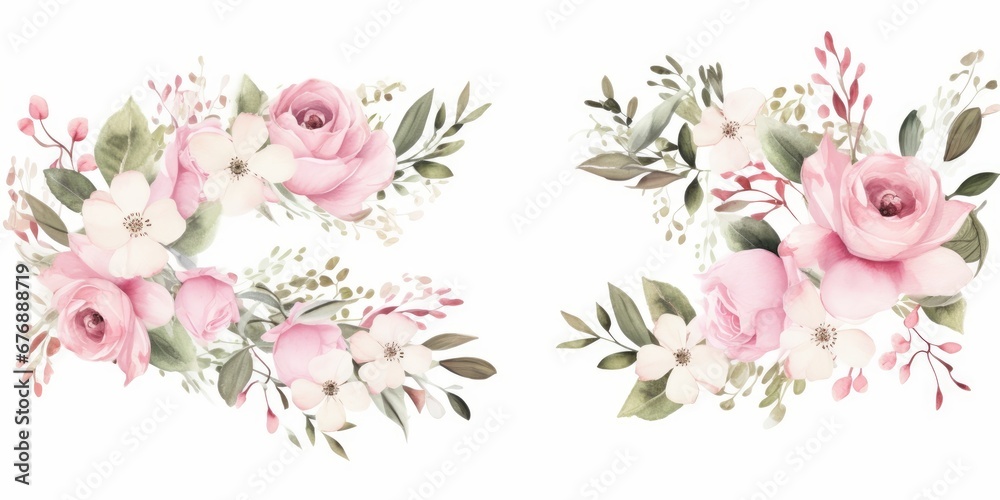 Watercolor floral bouquet set with green leaves, pink peach blush white flowers, leaf branches, for wedding invitations, greetings, wallpapers, fashion, prints. Eucalyptus, olive, rose, Generative AI