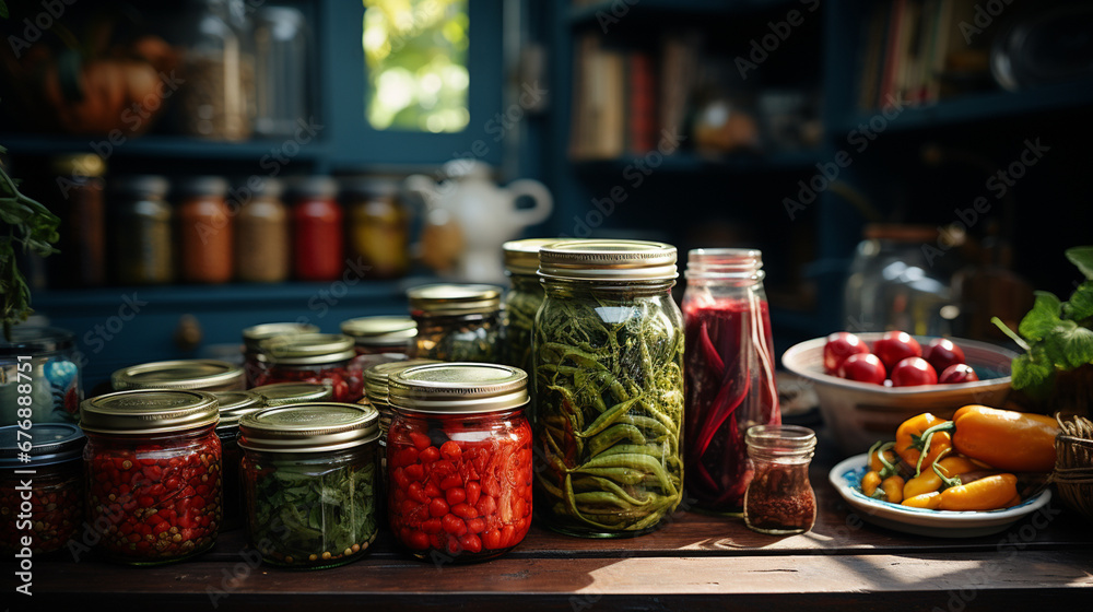 Food in glass cans in the kitchen. Food in glass cans in the kitchen.