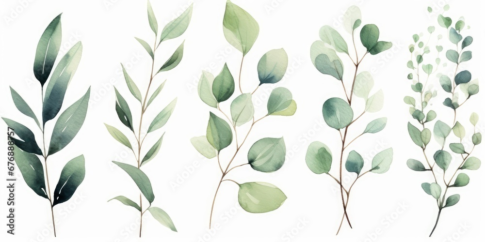 Watercolor floral illustration set - green leaf branches collection, for wedding stationary, greetings, wallpapers, fashion, background. Eucalyptus, olive, green leaves, Generative AI - obrazy, fototapety, plakaty 