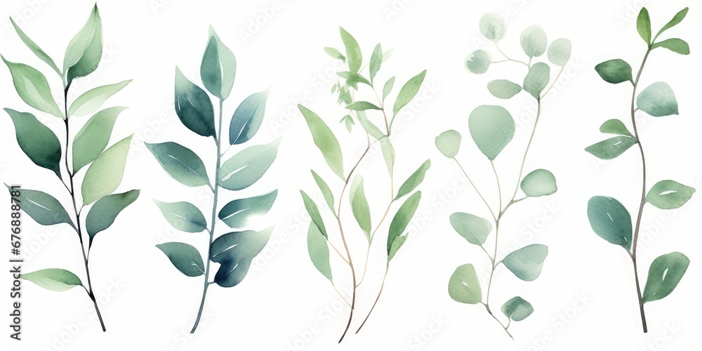 Watercolor floral illustration set - green leaf branches collection, for wedding stationary, greetings, wallpapers, fashion, background. Eucalyptus, olive, green leaves, Generative AI