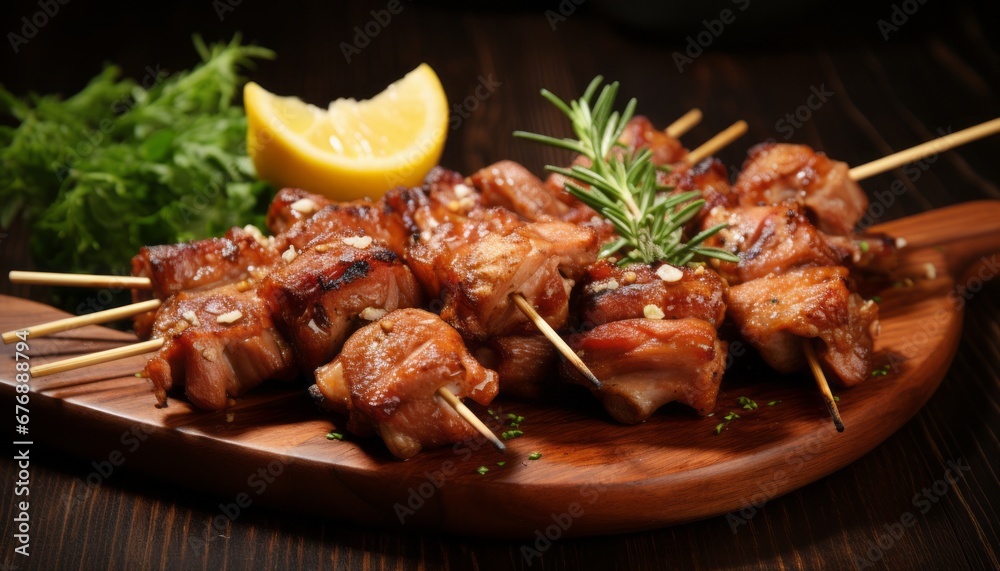 Juicy and mouthwatering close up of tasty roasted sliced barbecue pork ribs with succulent meat