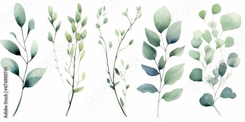 Watercolor floral illustration set - green leaf branches collection, for wedding stationary, greetings, wallpapers, fashion, background. Eucalyptus, olive, green leaves, Generative AI photo
