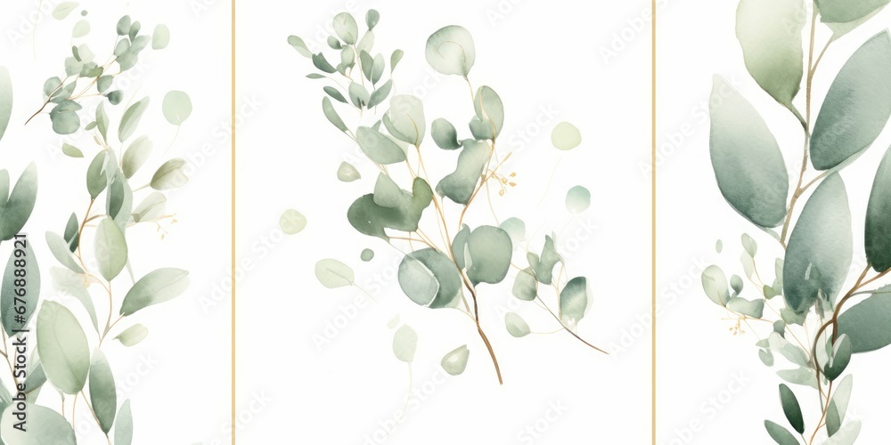 Watercolor floral illustration set - bouquet, frame, border. White flowers, rose, peony, gold green leaf branches collection. Wedding invites, wallpapers, fashion. Eucalyptus, Generative AI