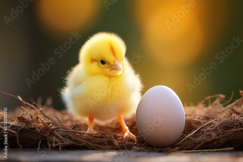 A fluffy chicken looks at an egg in the chicken nest © Ari