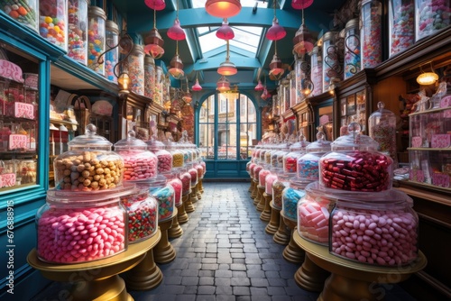 Vintage candy store with rows of glass jars of sweets. Candy shop interior