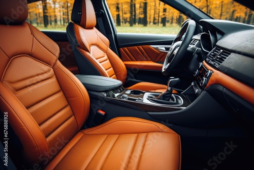 The interior of a new premium car made of red leather © Ari