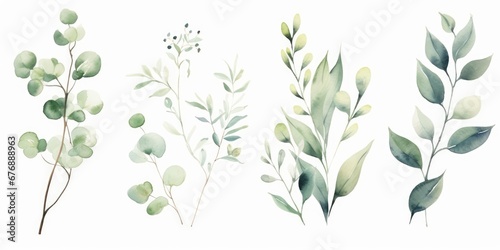 Watercolour floral illustration set. White flowers, green leaves individual elements collection. Green branches, eucalyptus, chamomile. For wedding invitations, anniversary, birthday, Generative AI © Visual Wonders