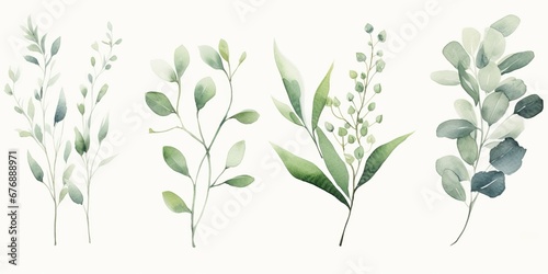 Watercolour floral illustration set. White flowers, green leaves individual elements collection. Green branches, eucalyptus, chamomile. For wedding invitations, anniversary, birthday, Generative AI