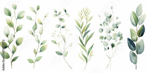 Watercolour floral illustration set. White flowers, green leaves individual elements collection. Green branches, eucalyptus, chamomile. For wedding invitations, anniversary, birthday, Generative AI