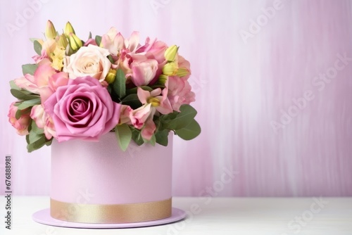 Beautiful bouquet of flowers in pink round box on a white table. Gift for holiday, birthday, Wedding, Mother's Day, Valentine's day, Women's Day. Floral arrangement in a hat, Generative AI