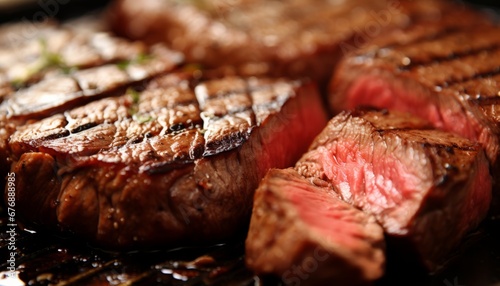 Perfectly cooked and juicy ribeye steak slices with mouthwatering tenderness and rich flavor