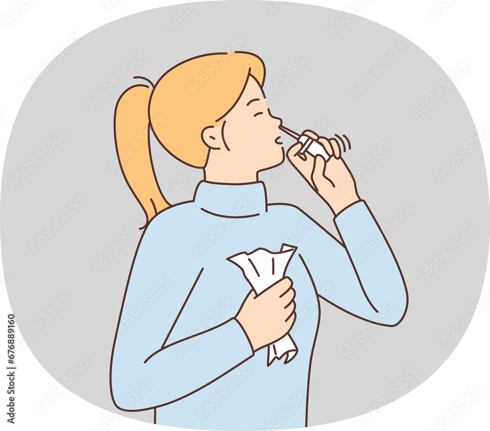 Sick woman use nasal spray