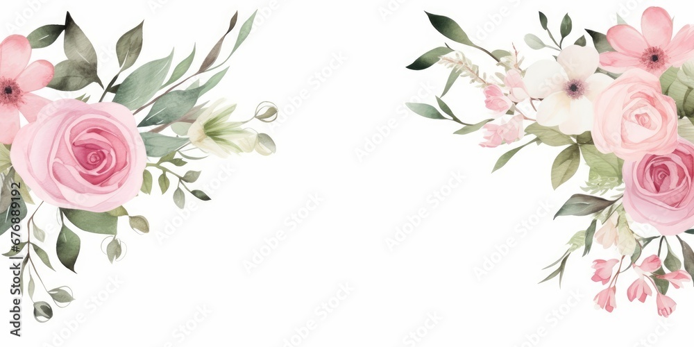 Watercolor floral border wreath with green leaves, pink peach blush white flowers branches, for wedding invitations, greetings, wallpapers, fashion, prints. Eucalyptus, olive, rose, Generative AI - obrazy, fototapety, plakaty 
