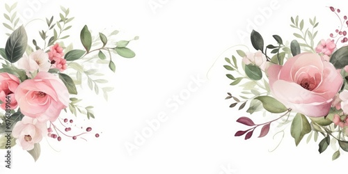 Watercolor floral border wreath with green leaves, pink peach blush white flowers branches, for wedding invitations, greetings, wallpapers, fashion, prints. Eucalyptus, olive, rose, Generative AI