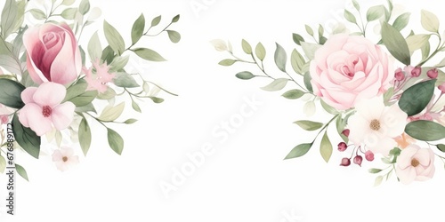 Watercolor floral border wreath with green leaves, pink peach blush white flowers branches, for wedding invitations, greetings, wallpapers, fashion, prints. Eucalyptus, olive, rose, Generative AI © Visual Wonders