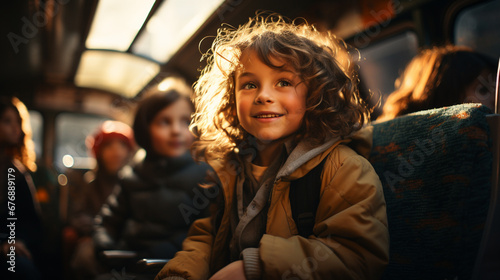 Happy children's sitting inside on school bus. © andranik123