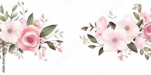 Watercolor floral border wreath with green leaves, pink peach blush white flowers branches, for wedding invitations, greetings, wallpapers, fashion, prints. Eucalyptus, olive, rose, Generative AI photo