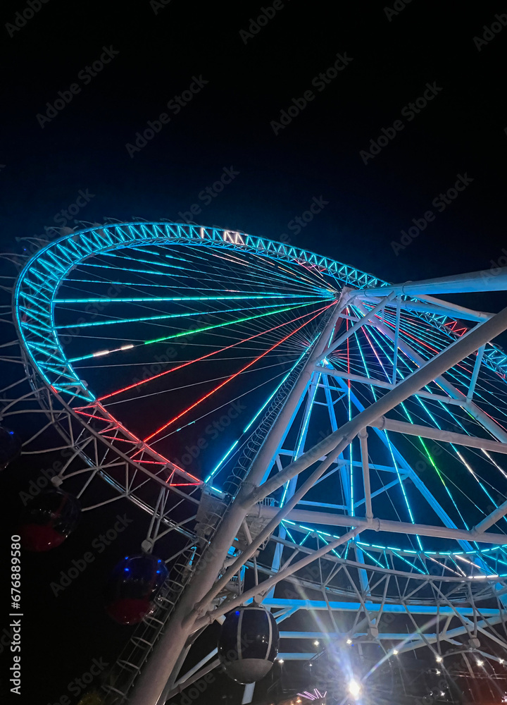 Fragment of the Ferris wheel in the city park. With multi -colored backlight. Spilling palm. Against the background of the night sky.