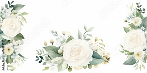 Watercolor floral illustration set - bouquet  frame  border  wreath. White flowers  rose  peony  green leaf branch collection. Wedding invites  fashion. Eucalyptus olive leaves  Generative AI