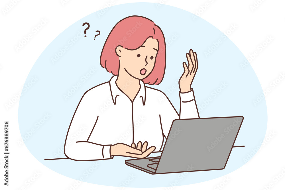 Woman look at laptop screen confused with problem Woman look at laptop screen confused with problem