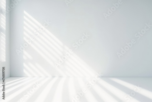 Empty white corner. Abstract studio background for product presentation. 3d room with shadows of window. Minimalistic space concept with blurred  Generative AI